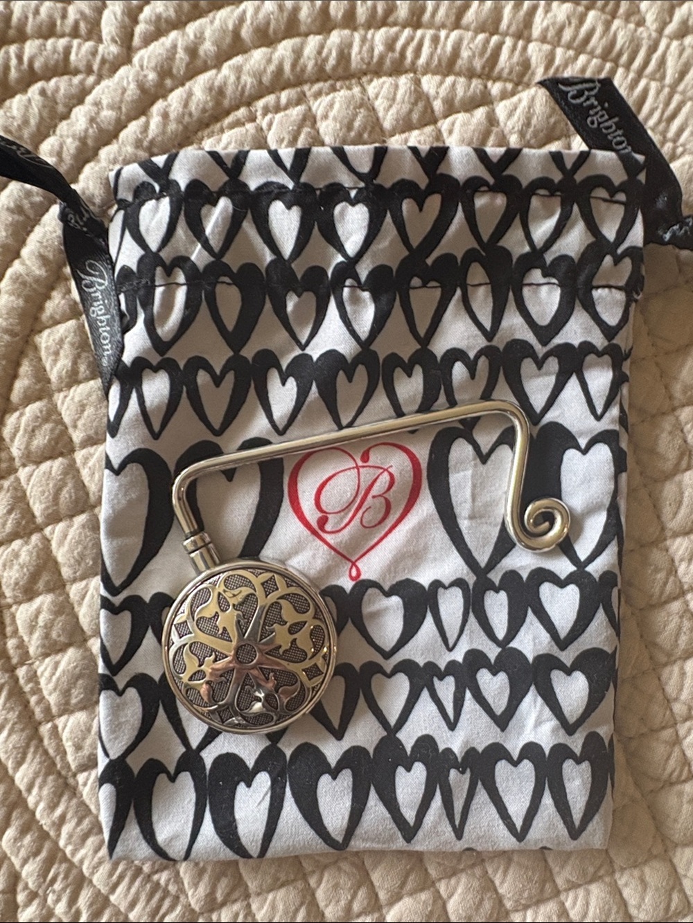 Brighton Ferrara Silver Filigree Handbag Hook with Heart Pouch